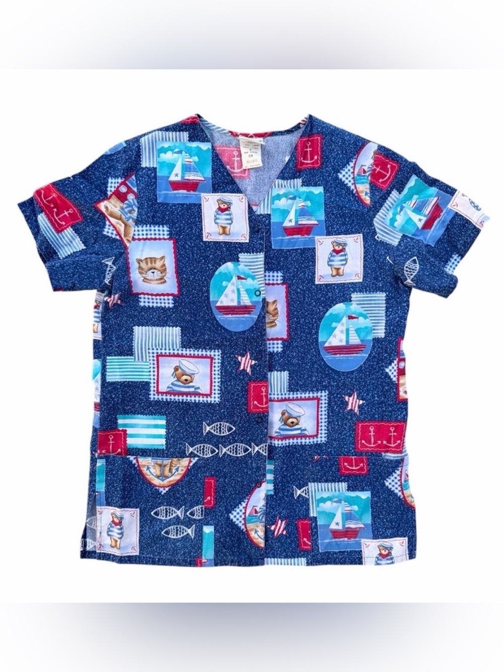 Blue Nautical Bears & Cats Snap Front Scrub Top Medical Uniform Women’s Small